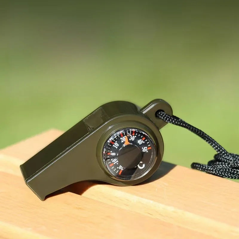 Silbato 3 en 1 para acampar, equipo de supervivencia de emergencia, brújula, termómetro para exteriores, necesita Color verde militar con cuerda