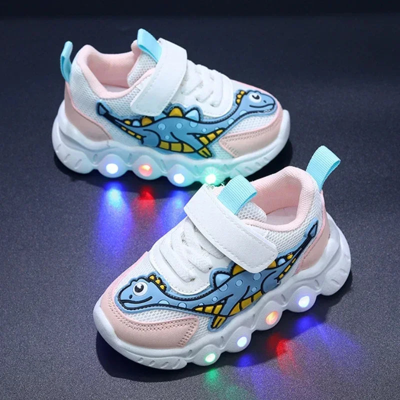 Zapatillas de deporte informales con dibujos animados para niños y niñas, zapatos de iluminación transpirables con malla LED, zapatos iluminados para bebés