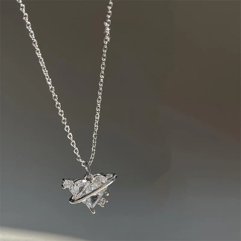 Collares con colgante de circonio y corazón de planeta rosa Y2K para mujer, collar de cadena de clavÃcula estética a la moda, regalo del DÃa de San ValentÃn, joyerÃa para fiesta