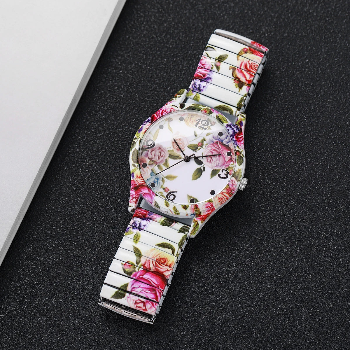 2/3 Uds. Conjunto de relojes de pulsera de cuarzo con estampado de flores a la moda para mujer, reloj con esfera árabe con correa elástica informal para mujer (sin caja)