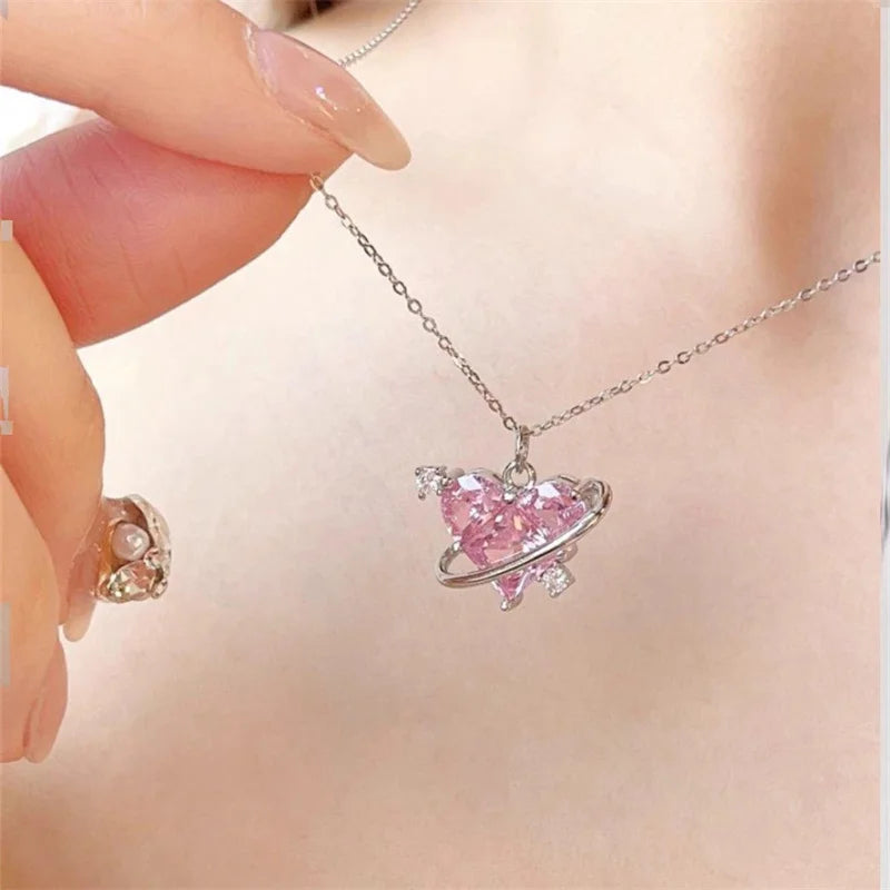Collares con colgante de circonio y corazón de planeta rosa Y2K para mujer, collar de cadena de clavÃcula estética a la moda, regalo del DÃa de San ValentÃn, joyerÃa para fiesta