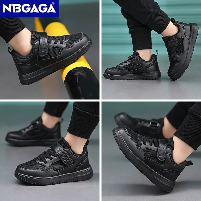 Zapatillas de deporte para niños, zapatos informales de cuero negro, zapatos planos para caminar para estudiantes, calzado deportivo ligero antideslizante para tenis para niñas