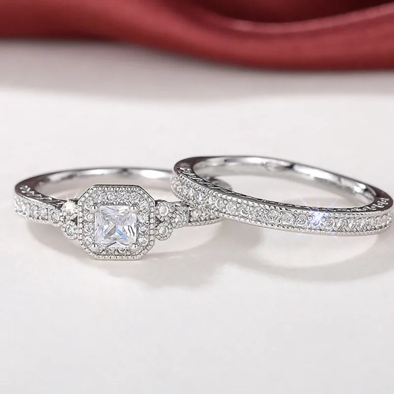 Conjunto de anillos de Plata de Ley 925 para mujer, 2 uds., accesorios de boda de circón cúbico de lujo, joyería femenina elegante con temperamento