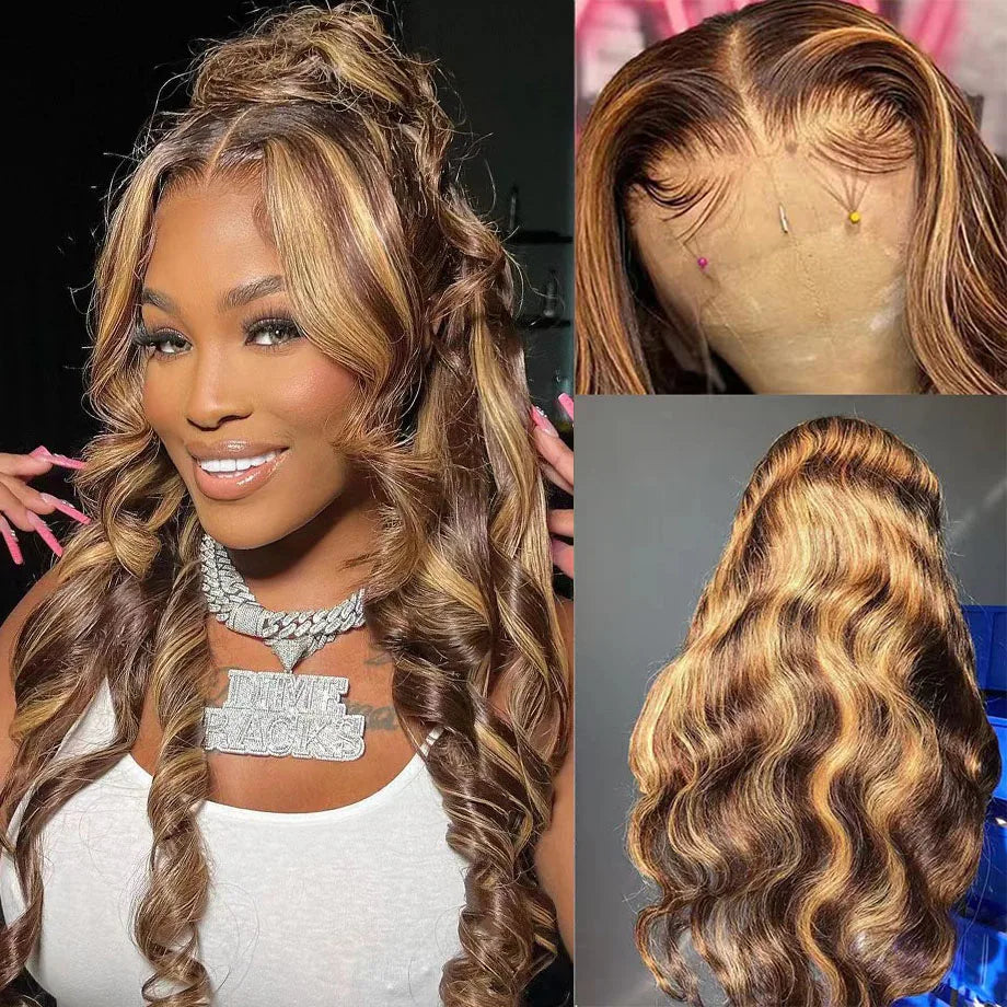Peluca resaltada 100% cabello humano 13x6 Hd pelucas frontales de encaje rubio miel brasileño onda del cuerpo 13x4 peluca con malla Frontal sin pegamento para mujer