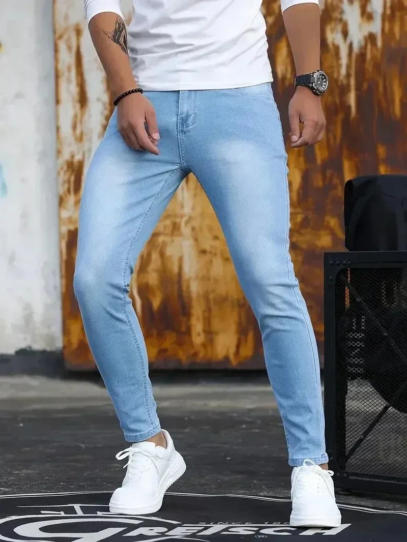 2025 primavera nuevos hombres Slim Fit clásico pantalones vaqueros ajustados Casual estilo callejero Casual hombres pantalones vaqueros ajustados hombre Slim Fit lápiz Denim azul
