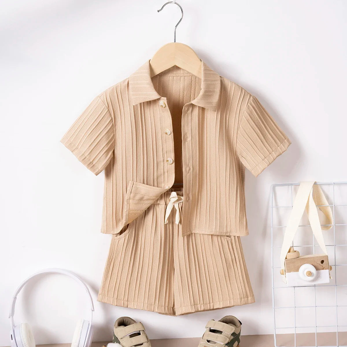 Conjunto de ropa informal para niños, camisa de manga corta con solapa y pantalones cortos de cintura elástica, traje de moda de 2 piezas, Verano