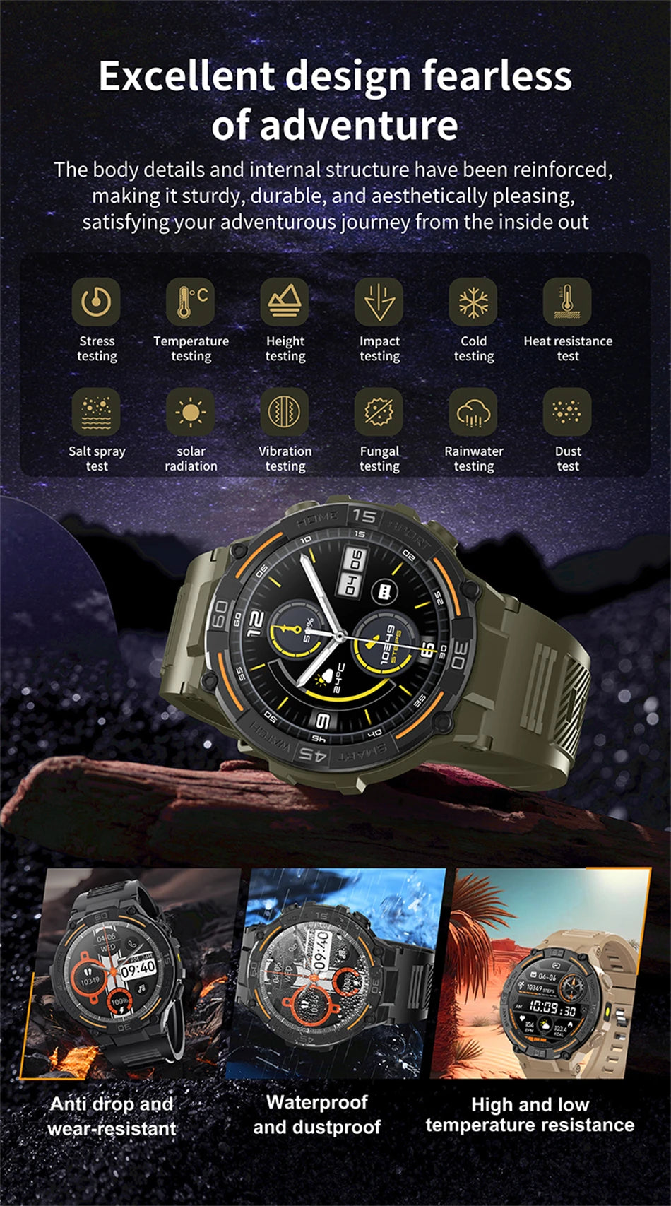 Reloj inteligente militar para hombre, dispositivo con pantalla HD de 360x360, linterna, control de la salud, resistente al agua, control del ritmo cardÃaco, llamadas BT, para Android e IOS