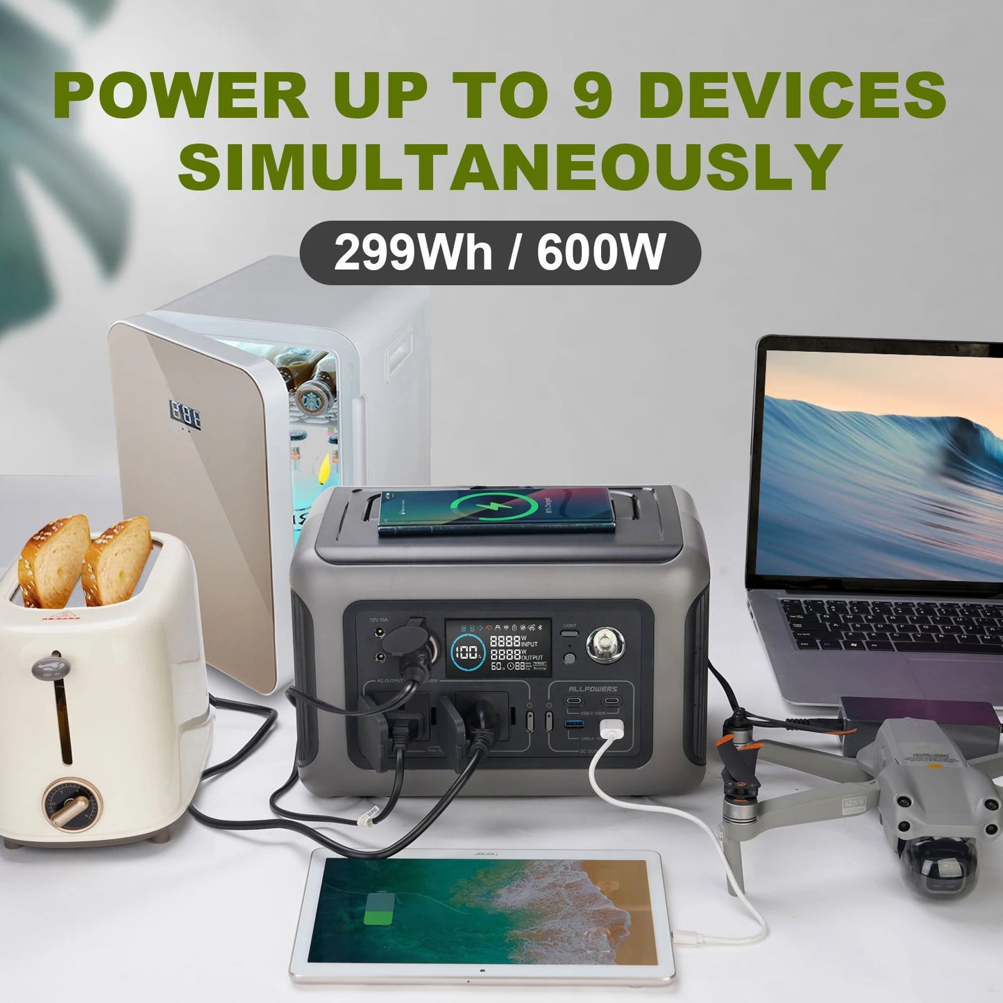 Estación de energÃa portátil ALLPOWERS R600 con panel solar (opcional), baterÃa LiFePO4 de 29Wh y 600W para respaldo en el hogar, camping al aire libre, RV