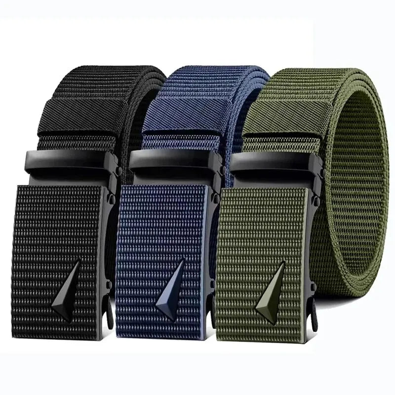 Cinturón para hombre con hebilla de Metal automática, correas de nailon de imitación, cinturón de trabajo al aire libre, hebilla automática sin dientes, cinturón de lona deportivo informal