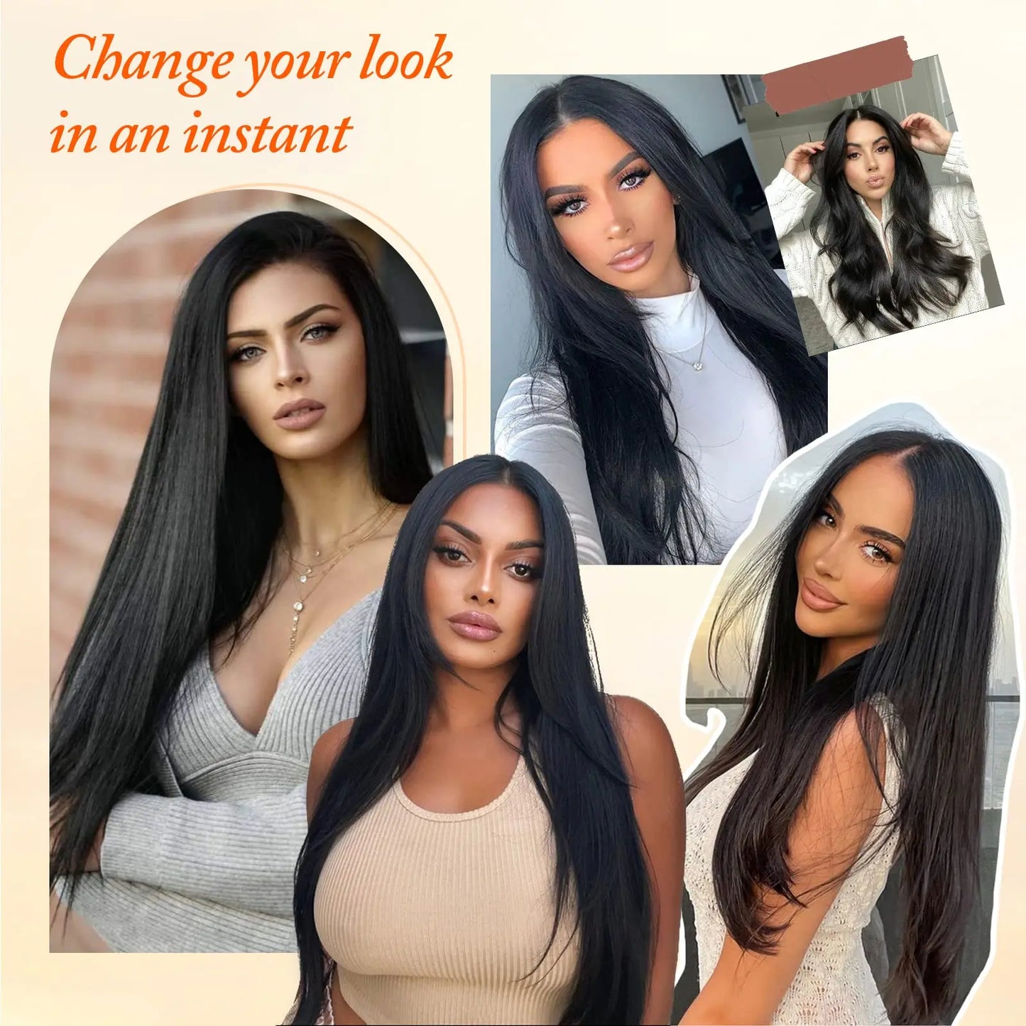 7 unids/set 16 Clips extensión de cabello negro largo liso pelo Natural Ombre peluca fibra resistente al calor para peinado de mujer