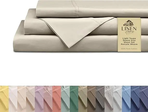 Sábanas de percal 100% algodón tamaño Queen, crema, bolsillo profundo, juego de 4 piezas: 1 sábana bajera plana, 1 bolsillo profundo y 2 fundas de almohada,