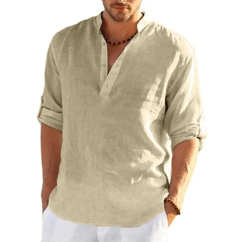 Nueva camiseta de manga larga de lino para hombre, camisa holgada informal transpirable de Color sólido, camisas de algodón para hombre, ropa de calle ligera de diseñador