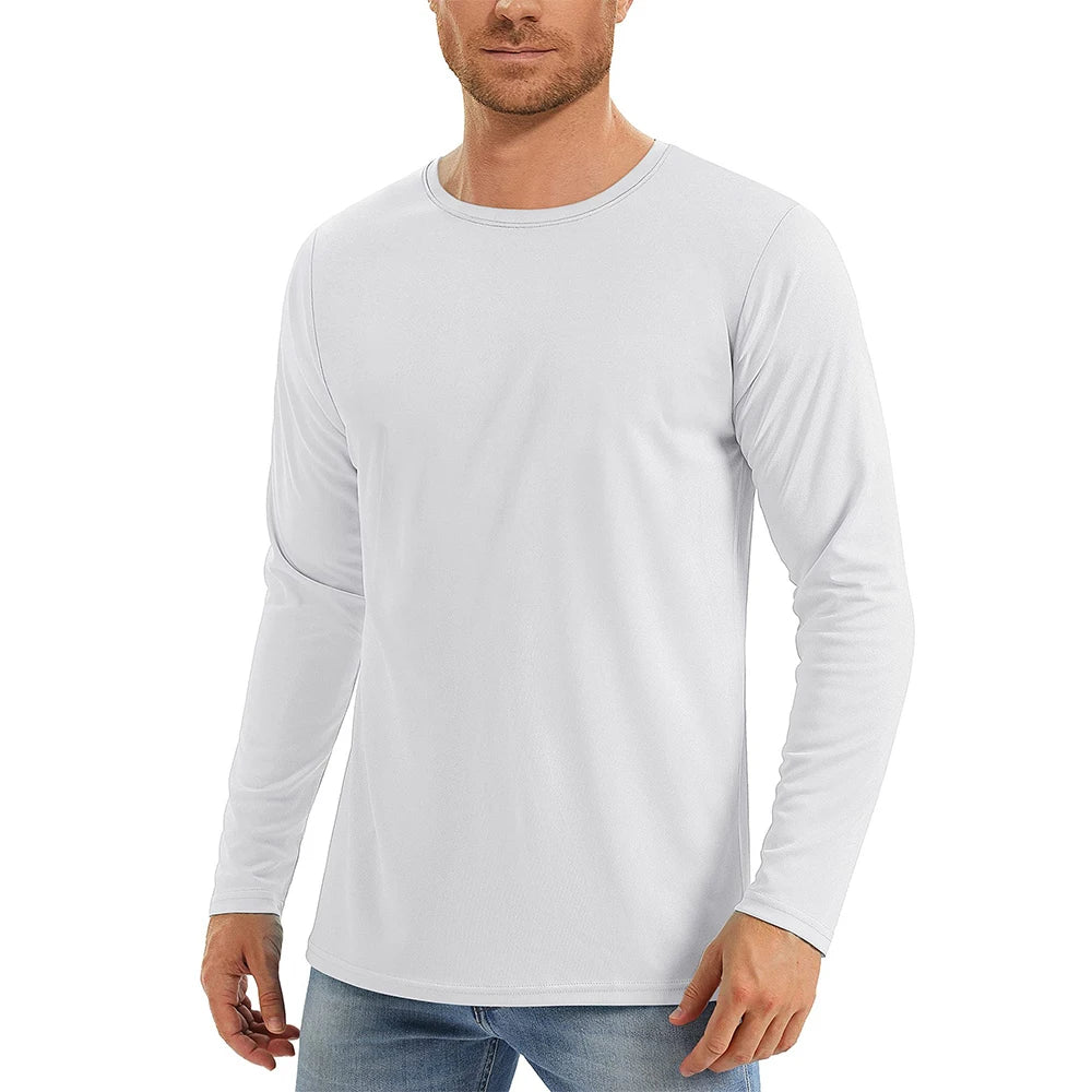 Camiseta con protección solar UV UPF50 + para hombre, camisetas de secado rápido con cuello redondo y manga larga de Color sólido para senderismo al aire libre y pesca