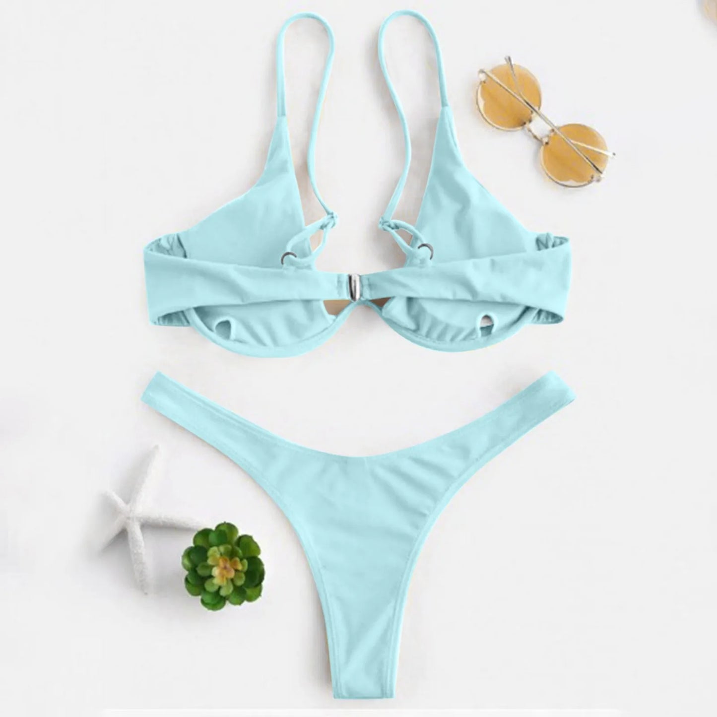 Bikini Sexy con aros para Mujer, traje de baño rojo liso con sujetador de realce, Tanga, traje de baño con cuello Halter y cuello de pico, Mini microtanga 2024