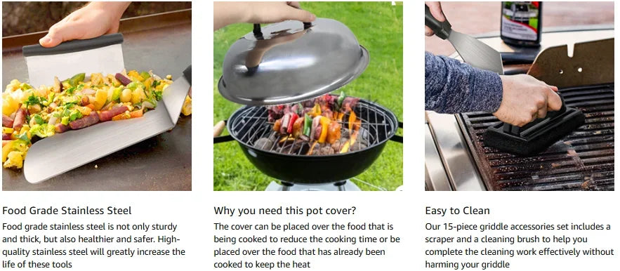 Juego de herramientas para parrilla superior plana de 15 piezas para Blackstone y Camping, juego de accesorios de acero inoxidable para asar al aire libre