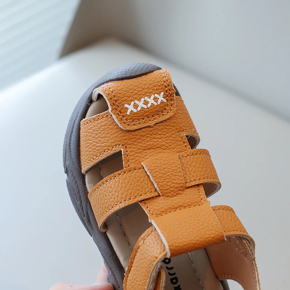 Sandalias deportivas de verano para niños, sandalias Vintage de cuero PU para niño, sandalias antideslizantes de suela blanda para chico, zapatos de verano a la moda