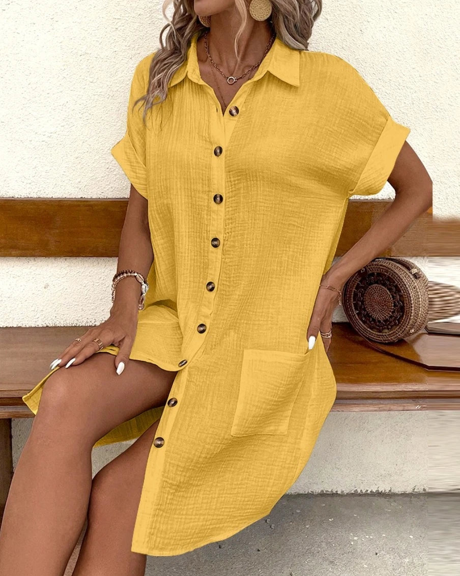 Minivestido Vintage liso para mujer, moda de verano con cuello en V, manga tres cuartos, vestido de lino y algodón, Vestidos informales para vacaciones