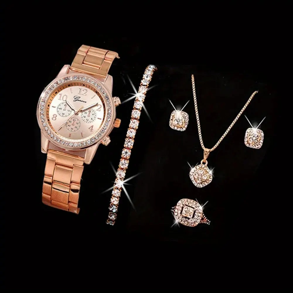 Juego de 5 piezas de reloj de oro para mujer, anillo de lujo, collar, pendientes, diamantes de imitación, reloj de pulsera de moda, relojes casuales para mujer, conjunto de pulsera