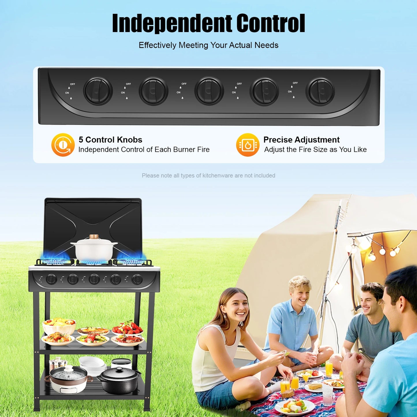 Estufa de Gas Natural de Control independiente, estufa de Gas propano extraÃble con cubierta para acampar al aire libre, RV, viajes, 4/5 quemadores