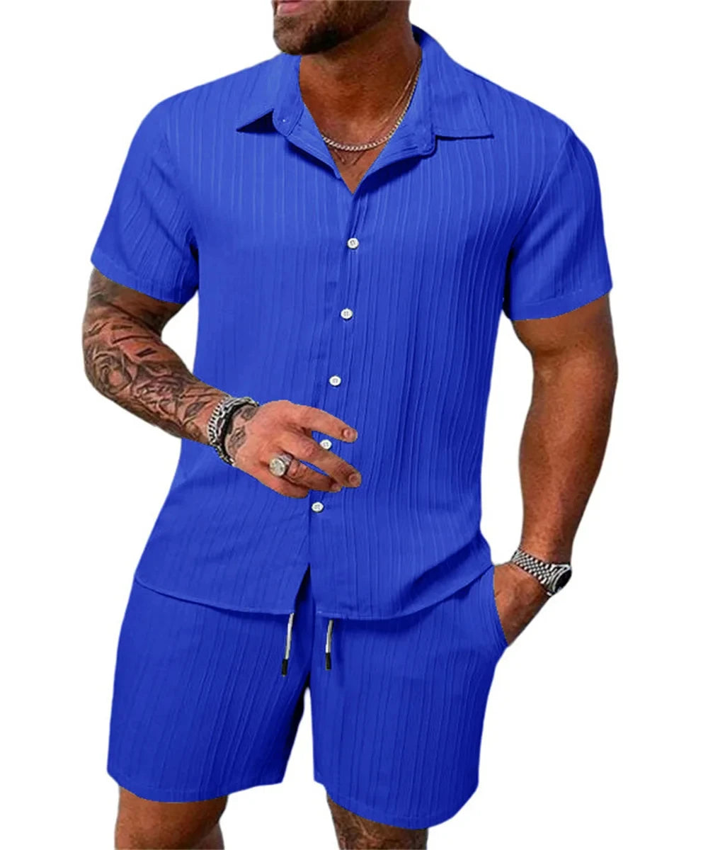 Pantalones cortos sueltos de manga corta para hombre, traje deportivo a rayas, Top informal de Fitness, pantalones cortos de playa, tendencia de moda de verano