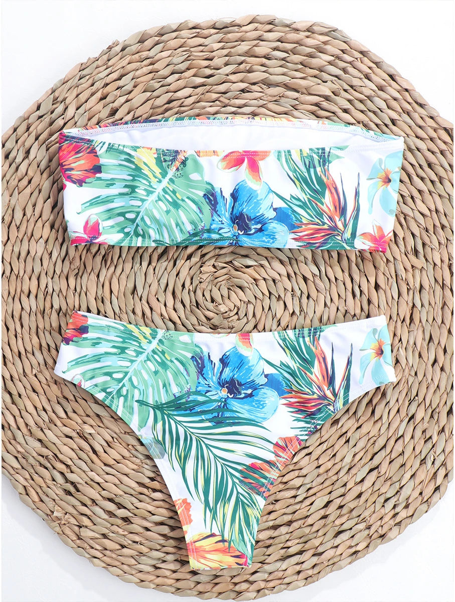 Conjunto de Bikini de dos piezas con estampado de hojas rosas para mujer, traje de baño de cintura baja, ropa de playa 2022