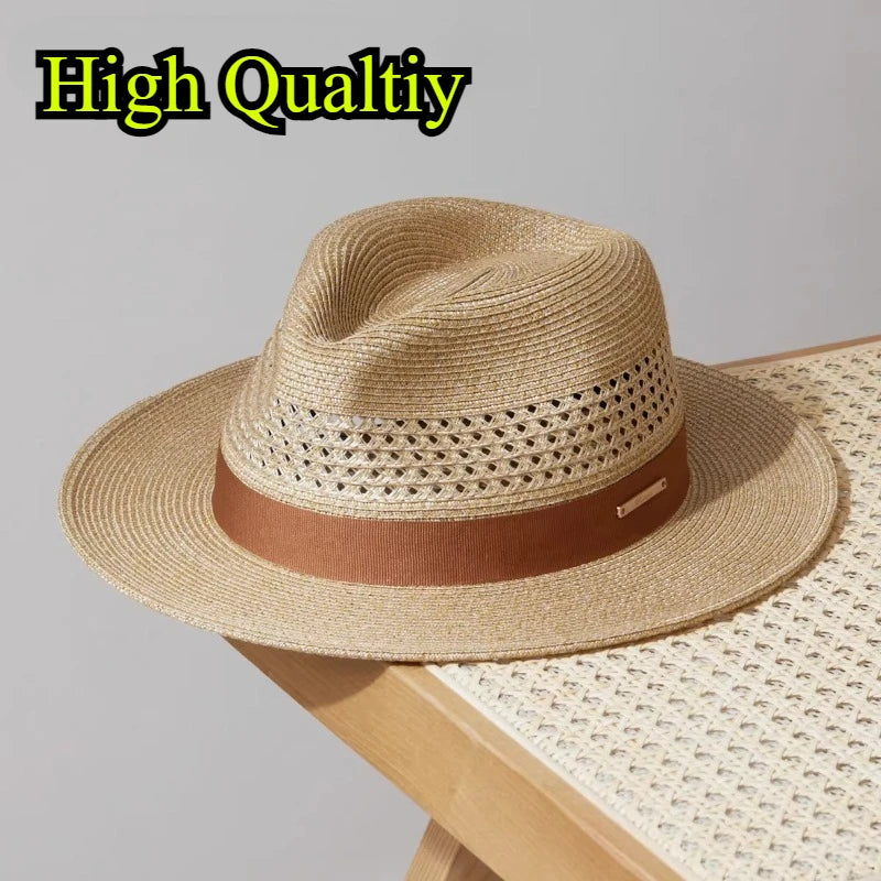 Sombrero de paja de Jazz Panamá de talla grande de 60cm para hombre y mujer, sombrero de sol con agujero para protección solar para exteriores, sombrero de playa de ala ancha para verano para hombre