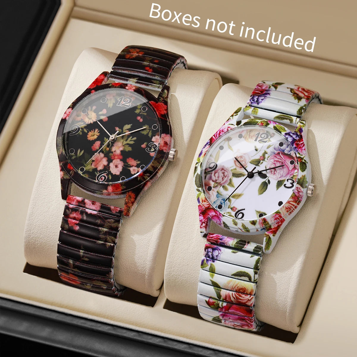2/3 Uds. Conjunto de relojes de pulsera de cuarzo con estampado de flores a la moda para mujer, reloj con esfera árabe con correa elástica informal para mujer (sin caja)