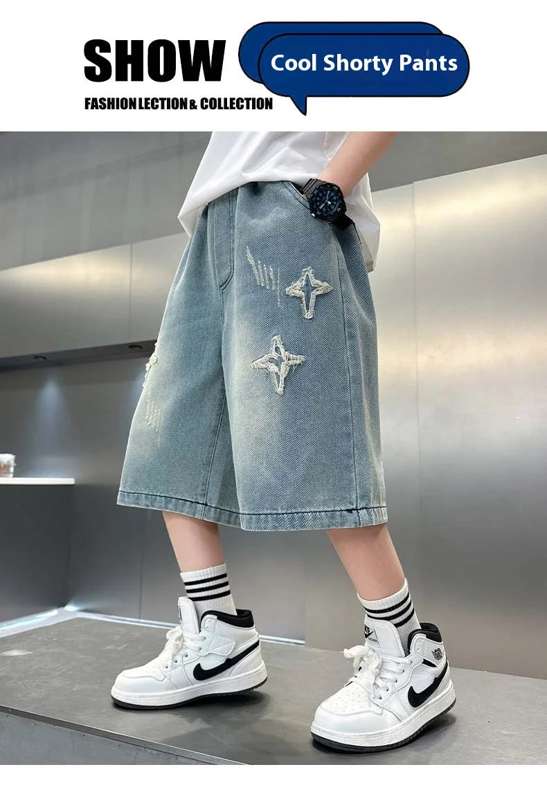 Boy Star Jeans 2025 Verano Nuevo Producto Moda Niños Denim Pantalones medios Pantalones cortos casuales para niños 5-15 años