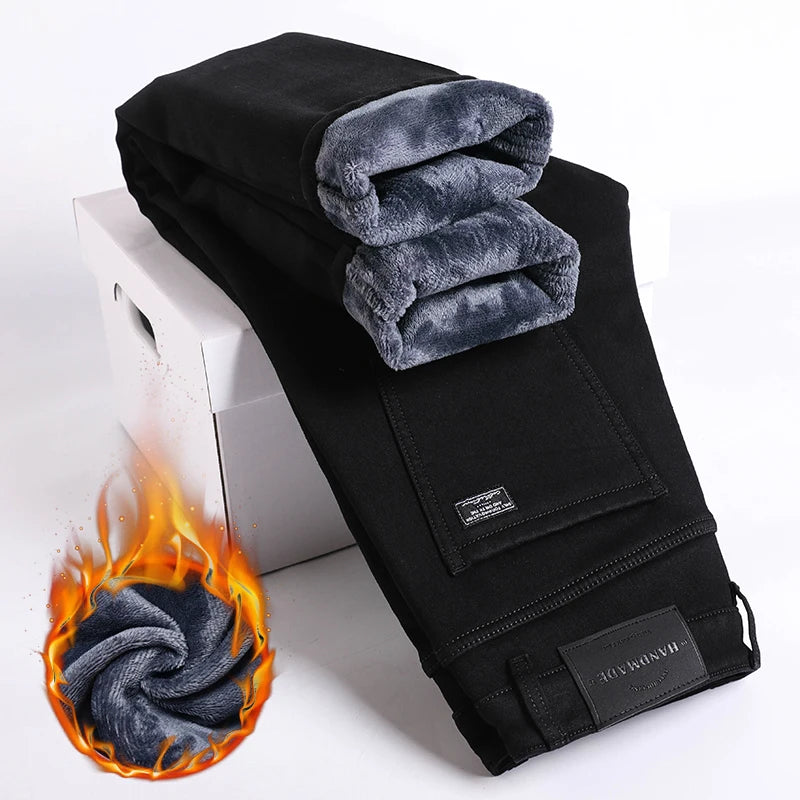 Pantalones vaqueros gruesos y cálidos de lana de invierno para hombre, pantalones vaqueros elásticos rectos ajustados, ropa informal para hombre, pantalones de felpa a la moda