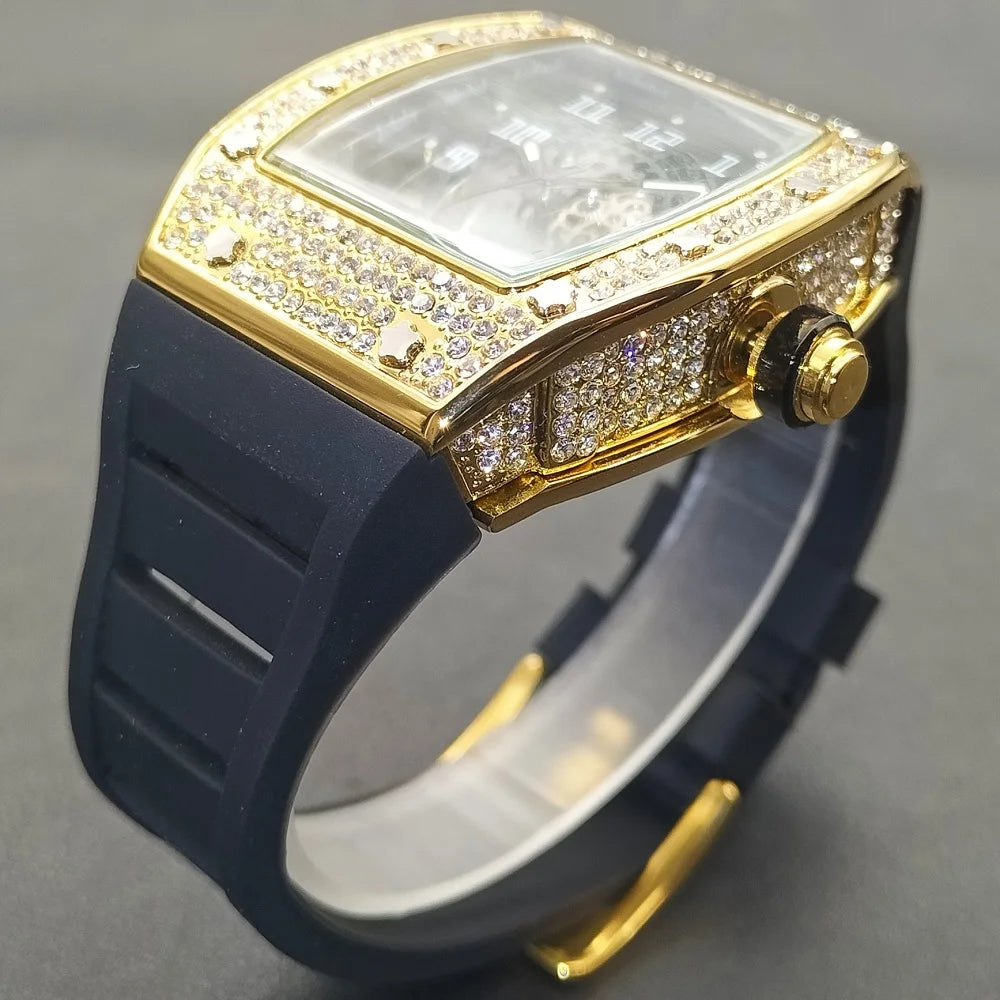 MISSFOX, nuevos relojes de pulsera para hombre, correa de goma Tonneau, reloj de cuarzo resistente al agua para hombre, relojes huecos de oro clásicos únicos para hombre, regalos