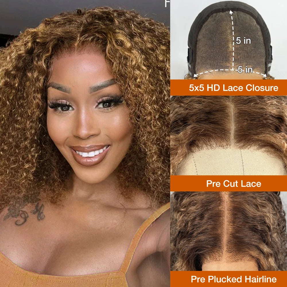 Pelucas Bob sin pegamento de color rubio miel de onda profunda, cabello humano prearrancado, precortado, desgaste y Go, pelucas rizadas, peluca con malla frontal HD ombré