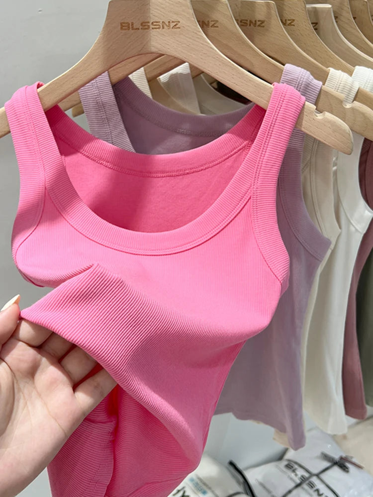 Zjaiss, camiseta sin mangas acanalada con cuello redondo liso para mujer, camisola para mujer, camiseta sin mangas elástica básica de verano 2025, camiseta sin mangas sólida con cuello redondo