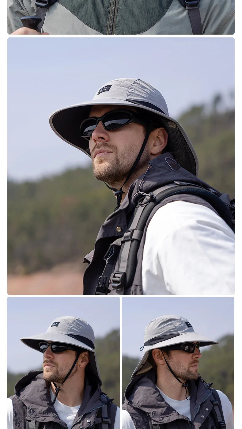 Sombreros de pescador resistentes al agua para hombre, sombrero de cubo de ala ancha transpirable con chal, protección solar UV, senderismo al aire libre, pesca, Verano