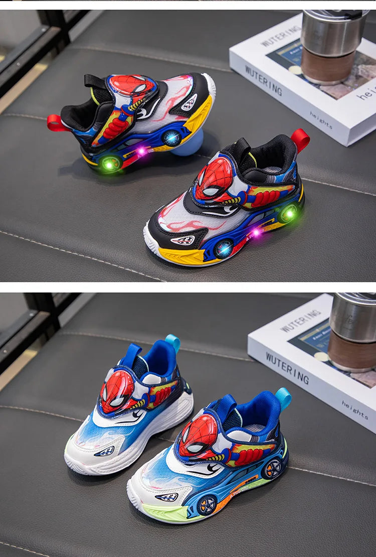 Zapatos para niños, zapatillas de deporte de Spiderman con luces LED de dibujos animados a la moda para niños, zapatos deportivos antideslizantes transpirables para estudiantes, talla 26-35