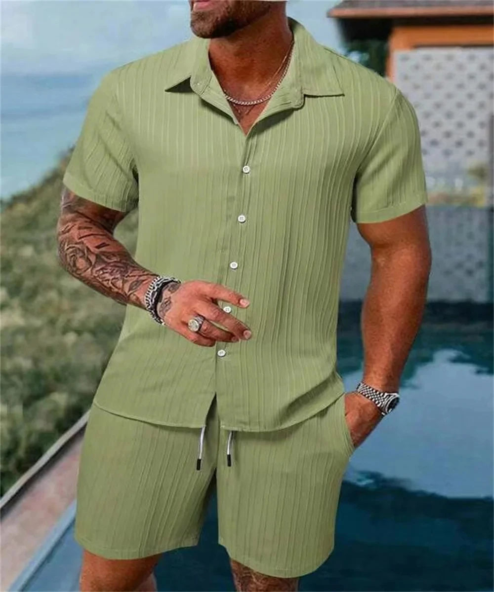 Pantalones cortos sueltos de manga corta para hombre, traje deportivo a rayas, Top informal de Fitness, pantalones cortos de playa, tendencia de moda de verano