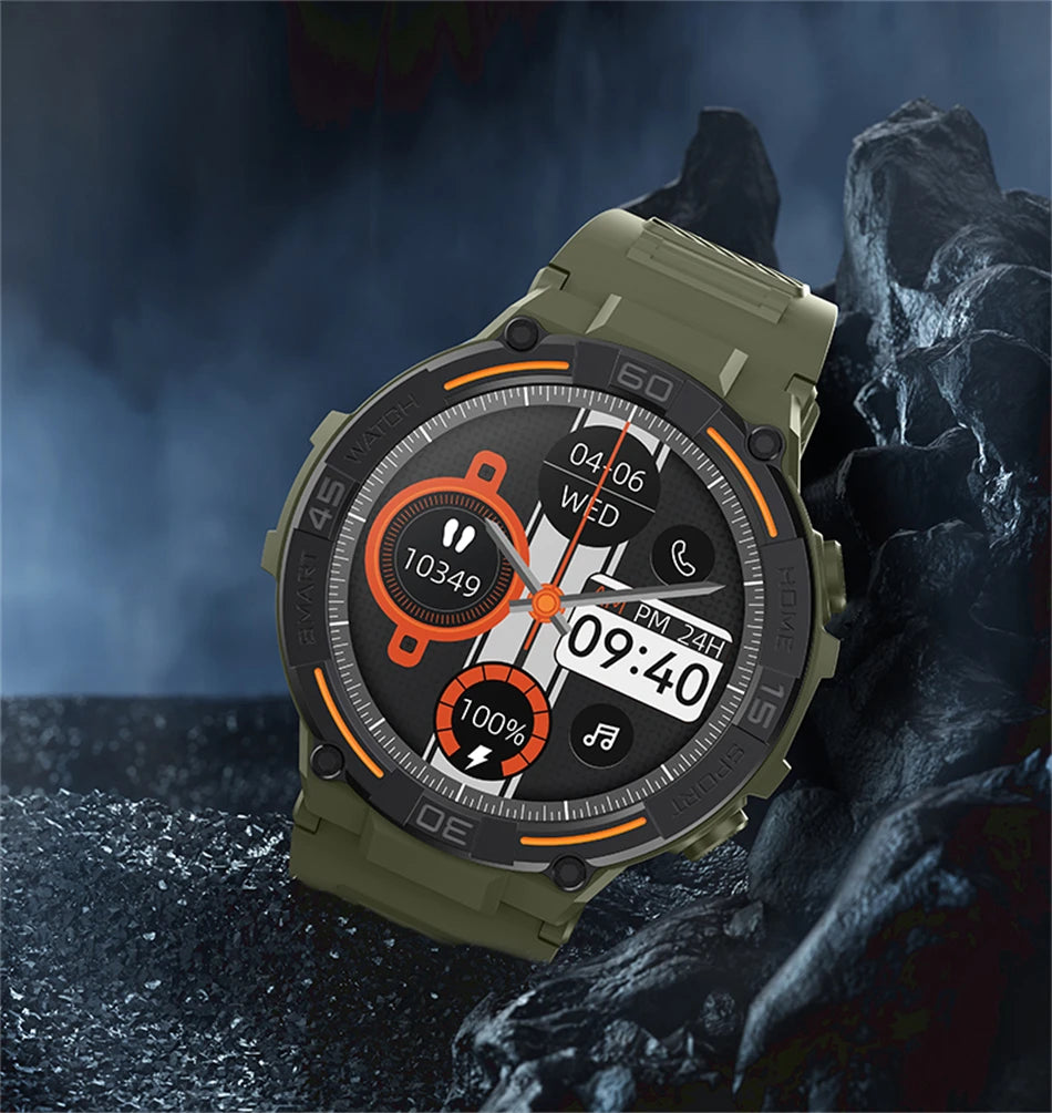 Reloj inteligente militar para hombre, dispositivo con pantalla HD de 360x360, linterna, control de la salud, resistente al agua, control del ritmo cardÃaco, llamadas BT, para Android e IOS