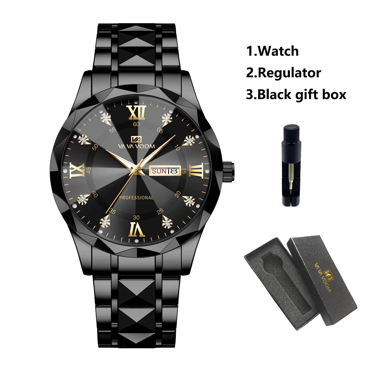 Reloj para hombre con diamantes de agua, lujo, brillo nocturno, doble calendario, movimiento de cuarzo, 41mm, oro azul, acero inoxidable, reloj de negocios de moda