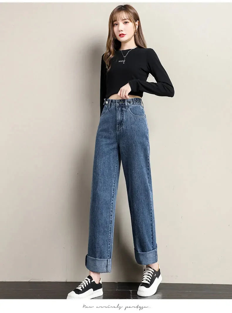 Pantalones vaqueros sueltos para mujer, diseño de cintura alta, entrepierna recta ajustable, pantalones de estilo Retro, tela de algodón, estilo informal cómodo