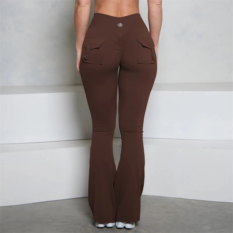 BUM gris bolsillo acampanado Scrunch Butt pantalones PB mujeres ajustado Sexy pantalones de cintura alta Push Up deporte Fitness Flare Leggings