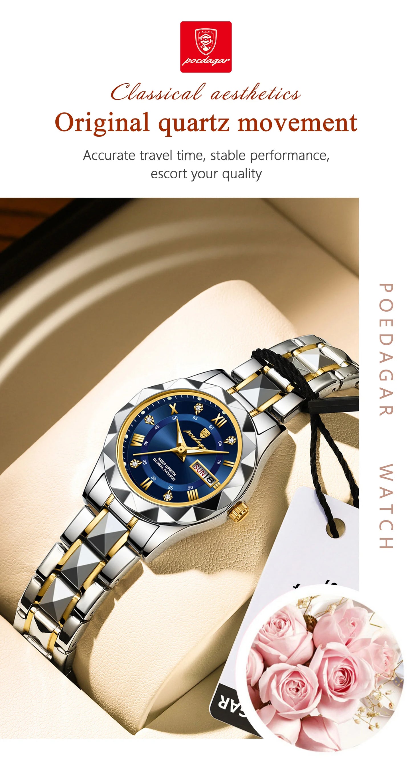 POEDAGAR, reloj de lujo para mujer, luminoso, resistente al agua, con fecha semanal, reloj de pulsera para mujer, relojes de cuarzo de acero inoxidable para mujer, reloj + caja