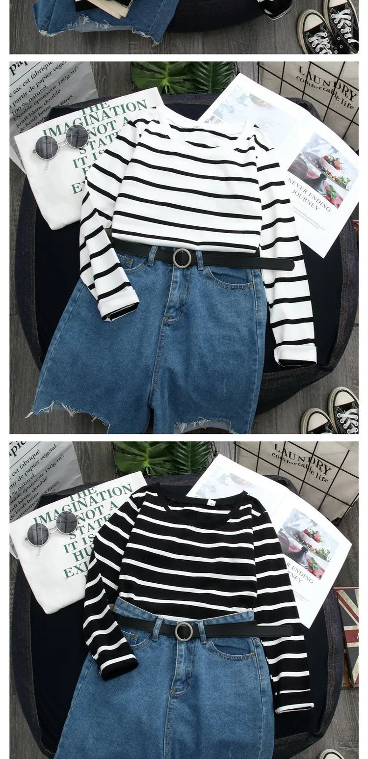 1 pieza primavera y otoño invierno Top a rayas negras con estilo extranjero Ins camisa inferior mujer Camiseta de manga larga