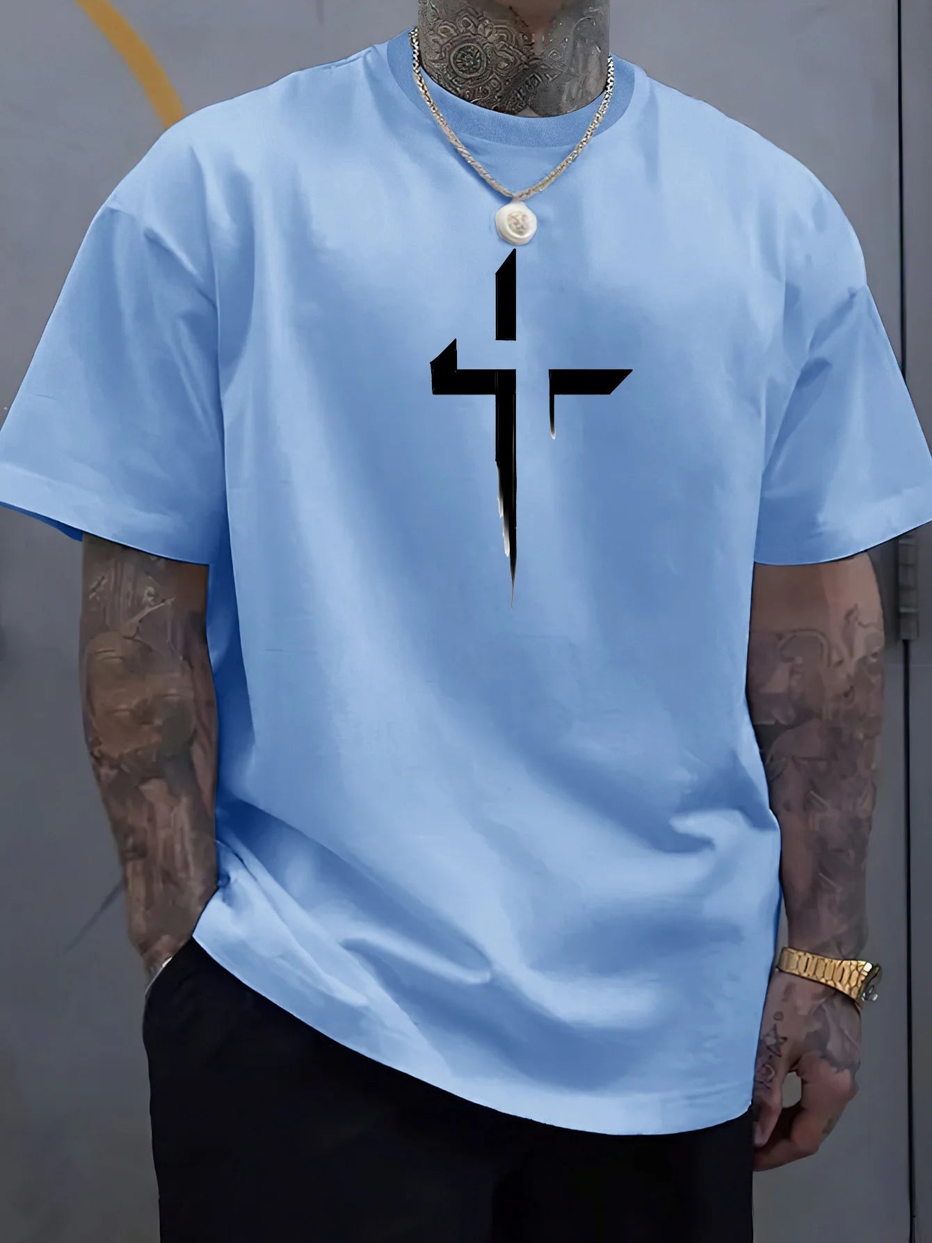 Camiseta de manga corta con cuello redondo para hombre, 100% de algodón puro, informal, holgada, de talla grande, con estampado creativo cruzado, deportiva, cómoda, de verano