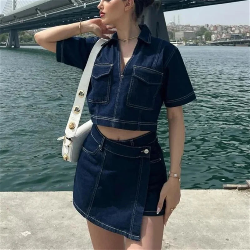 TRAF-Camiseta vaquera azul para mujer, camisa recortada de manga corta, Tops cortos de verano para mujer, ropa de calle Y2k, blusa elegante para mujer