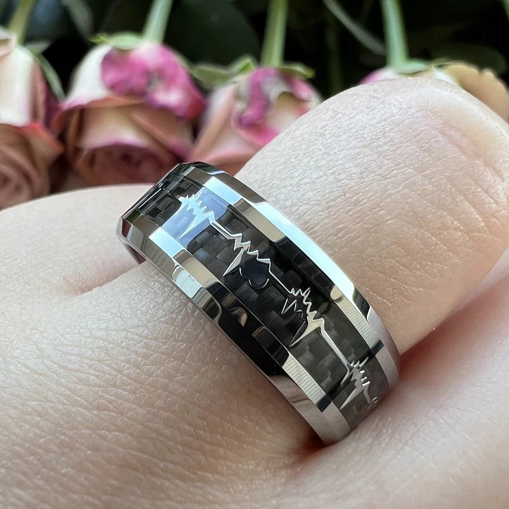 Anillos de compromiso de carburo de tungsteno con incrustaciones de corazón de fibra de carbono negra de 8mm a la moda, alianzas de boda con cúpula, pulido, brillante, ajuste cómodo