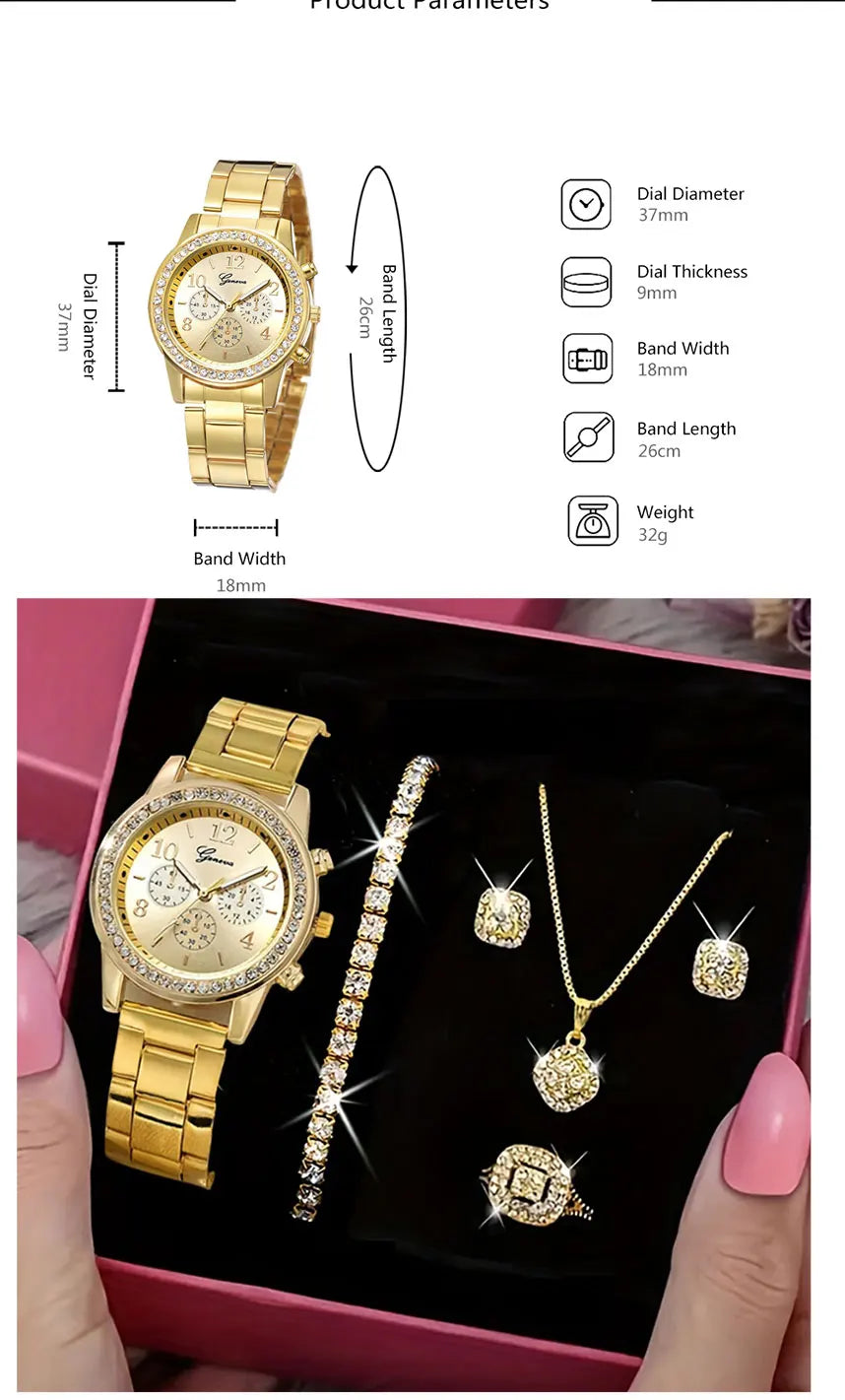 Juego de 5 piezas de reloj de oro para mujer, anillo de lujo, collar, pendientes, diamantes de imitación, reloj de pulsera de moda, relojes casuales para mujer, conjunto de pulsera