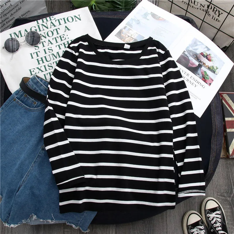 1 pieza primavera y otoño invierno Top a rayas negras con estilo extranjero Ins camisa inferior mujer Camiseta de manga larga