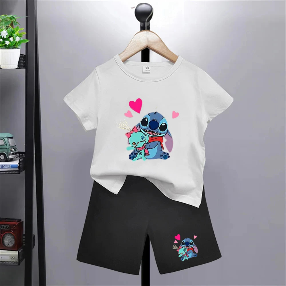 Camiseta de punto de Disney con dibujos animados de verano para niñas, camisetas rojas y rosas para niños, ropa superior, camisetas de moda para niños, conjunto de pantalones cortos para niños de 3 a 12 años