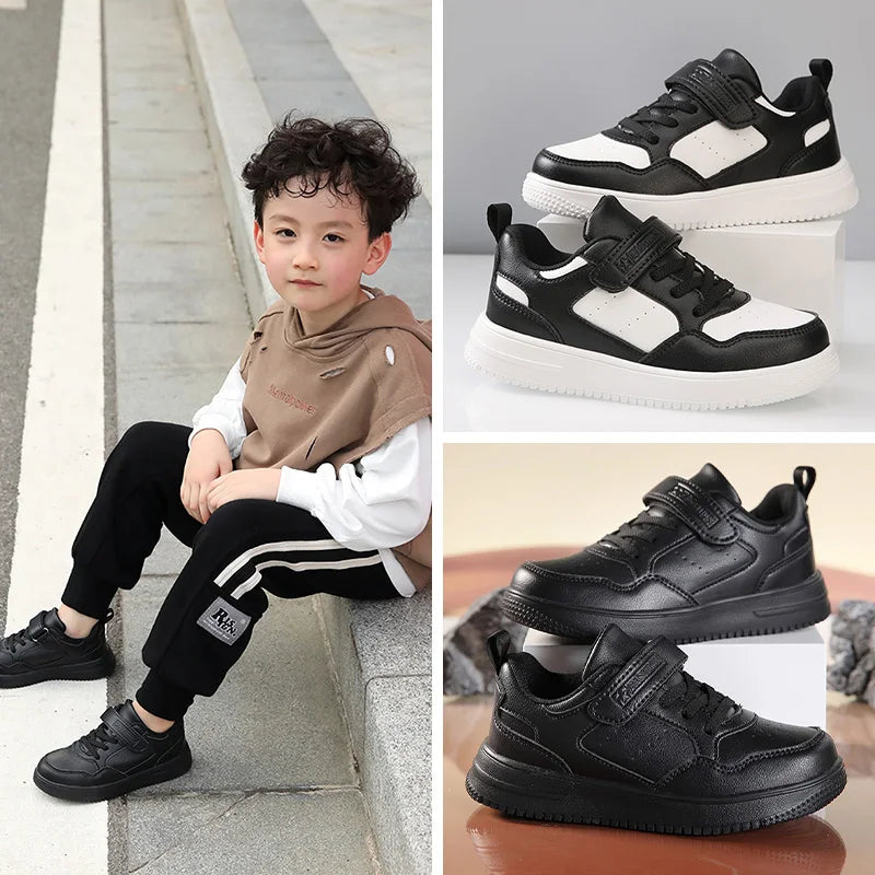 Zapatillas de deporte para niños, zapatos informales de cuero negro, zapatos planos para caminar para estudiantes, calzado deportivo ligero antideslizante para tenis para niñas