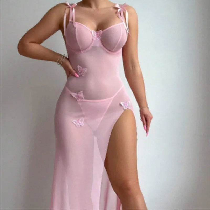 Lenceria Porn Sexy Tul Seductor Encaje Espalda Abierta y Abertura Alta Azul Claro LencerÃa Sexy Trajes De Mujer