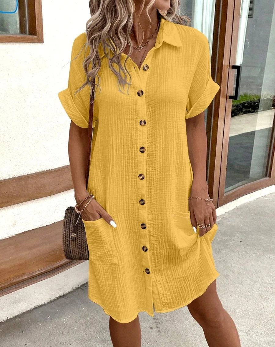 Minivestido Vintage liso para mujer, moda de verano con cuello en V, manga tres cuartos, vestido de lino y algodón, Vestidos informales para vacaciones